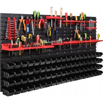 Obraz Děrovaná stěna na nářadí 156x78 cm + 76 boxů/úložných nádob