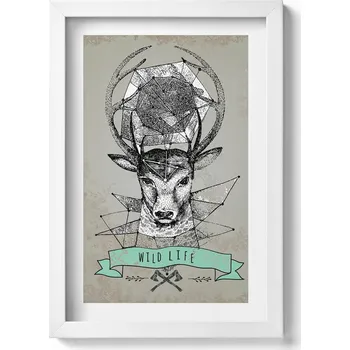 Obraz Nástěnný dekorativní obraz v bílém rámu s grafikou Jelení hlava 20x30 cm