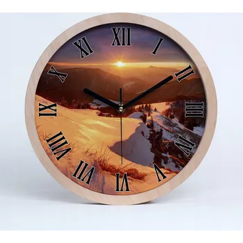 Hodiny Velké dřevěné nástěnné hodiny zima v horách průměr 30 cm