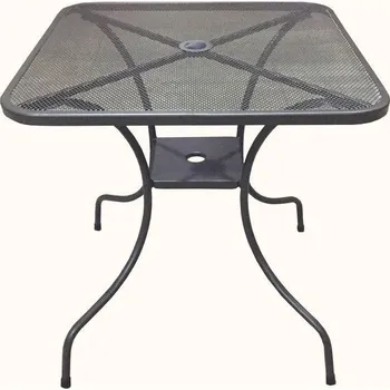 Zahradní stůl Čtvercový kovový stůl venkovní drátěný černý, díra pro slunečník, 80x80 cm