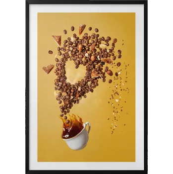 Obraz Stylový obraz v černém rámu Šálek Káva a zrnka abstrakce 70x100 cm