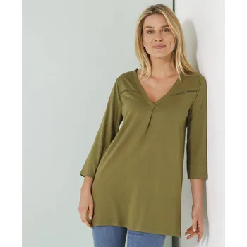 Dámské tričko Jednobarevná tunika s 3/4 rukávy a háčkovaným zdobením khaki 34/36