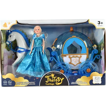 Kočárek pro panenku KOČÁR PRO PANENKY S PANENKOU, KONĚM PEGASEM A VOZEM - SADA PRO PANENKY