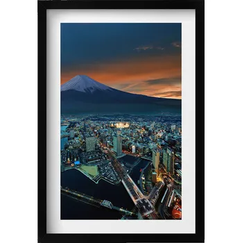 Obraz Dekorativní obraz v černém rámu do obýváku: Pohled na Tokio a horu Fuji, 40x60 cm