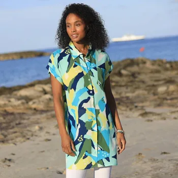 Dámské šaty Plážové kreponové košilové šaty s potiskem modrá/zelená 50