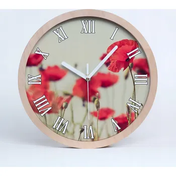 Hodiny Velké dřevěné nástěnné hodiny s motivem vlčích máků, průměr 25 cm