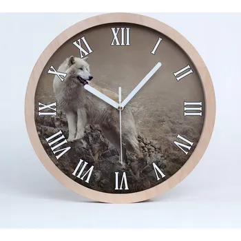 Hodiny Dřevěné nástěnné hodiny bílý vlk na skále fi 25
