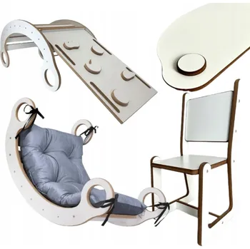 Dětská houpačka Houpačka Montessori bílá s polštářem, lezeckou stěnou, židlí a deskou