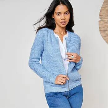 Dámský svetr Svetr na zip, hladký vzor modrý melír 42/44