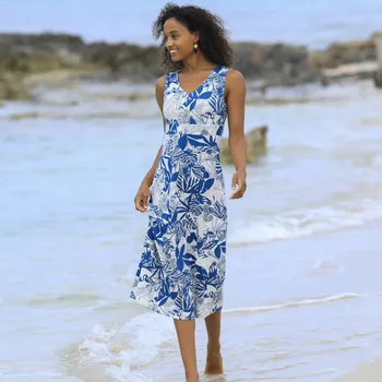 Dámské šaty Rozšířené midi šaty bez rukávů, s potiskem režná/modrá 50