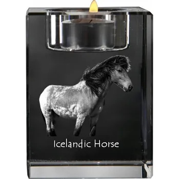 Svícen Islandský kůň - svícen s fotografií kočky, křišťálový podstavec na čajovou svíčku