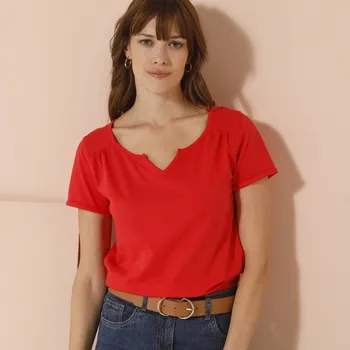 Dámské tričko Jednobarevné tričko s tuniským výstřihem červená 50