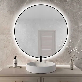 Zrcadlo Zrcadlo Kulaté LED 70 cm, Černý Rám, Barva světla studená, Podložka