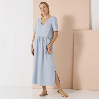 Dámské šaty Mušelínové rozšířené midi šaty s výstřihem do V modrošedá 38