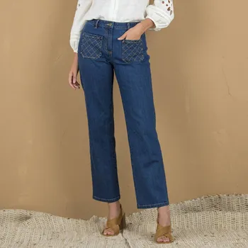 Dámské džíny Rovné džíny s prošívanými kapsami vpředu modrá 44