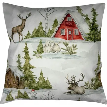 Vánoční dekorace Dekorační Povlak na Polštář Vánoční Domečky Sob Jelen Stromečky 45x45 cm