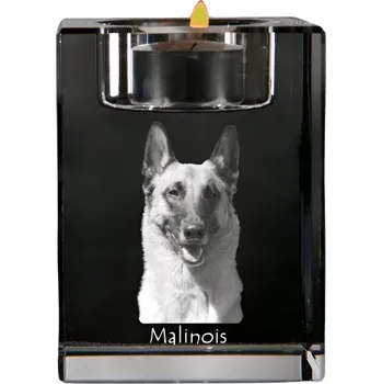 Svícen Křišťálový svícen s fotografií psa – Belgický ovčák Malinois – na čajovou svíčku
