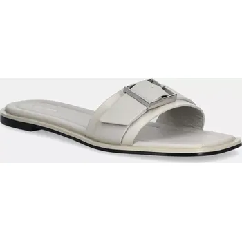Dámské pantofle Kožené pantofle Calvin Klein FLAT SLIDE W/BUCKLE - LTH dámské, béžová barva, HW0HW02490 01X, EUR 37