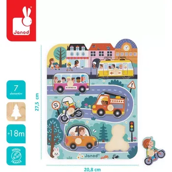 Janod - Dřevěné puzzle Ve městě, 6 dílků, 18 měsíců +
