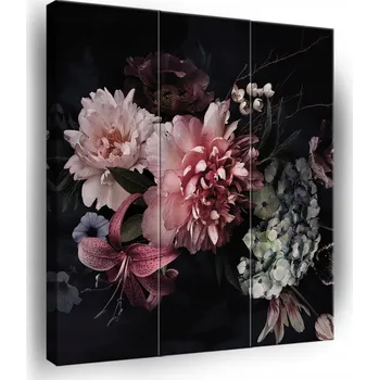 Obraz OBRAZ KVĚTINY ČERNÉ POZADÍ NA PLÁTNĚ NA ZEĎ 3 DÍLNÝ TRIPTICH OBÝVÁK 90x100