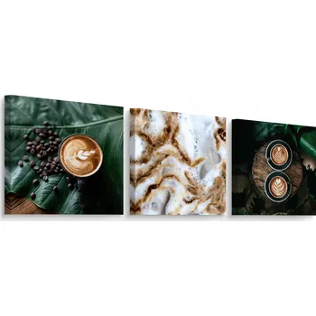 Obraz Obrazy do kuchyně KÁVA Šálky Latte Zrna Listy TRÍPTYCH 180x60