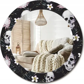 Zrcadlo Stylové kulaté zrcadlo na zeď s potiskem na skle Květiny lebky průměr 60 cm