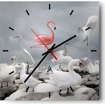 Hodiny Velké nástěnné hodiny 40x40 cm Plameňák Skleněné hodiny Čtvercové Tiché