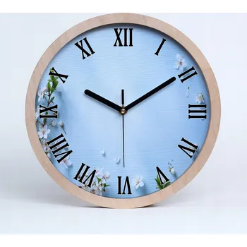 Hodiny Dřevěné nástěnné hodiny s motivem květů třešně, průměr 25 cm