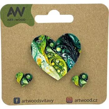 Brož art-wood.cz Dřevěná brož + náušnice - srdce, lesní harmonie