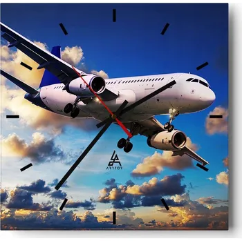 Hodiny Velké nástěnné hodiny na zeď 40x40 Letadlo Skleněné hodiny Čtvercové Tiché