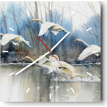 Hodiny Velké nástěnné hodiny na zeď 40x40 Labutě Skleněné hodiny Čtvercové Tiché