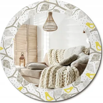 Zrcadlo Nástěnné zrcadlo s ozdobnou grafikou na skle Žlutí ptáci na větvích průměr 60 cm