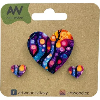 Brož art-wood.cz Dřevěná brož + náušnice - srdce, kouzlo soumraku