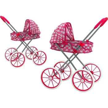 Kočárek pro panenku Mamido Skládací kočárek pro panenky s velkými koly růžový se srdíčky