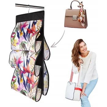 Organizér oblečení FLORAL závěsný organizér do skříně s květinovým vzorem, 5 přihrádek na kabelky, pásky