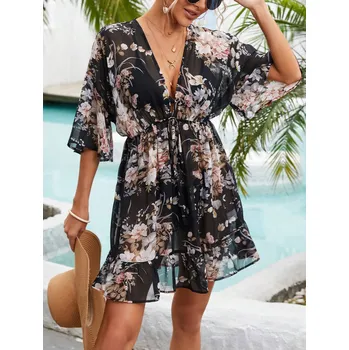 Dámské šaty Dámské plážové šaty s květy Barva: Černá, Velikostní tabulka: XL