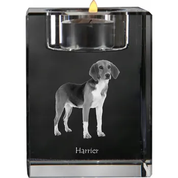 Svícen Harrier - svícen s fotografií psa, křišťálový podstavec na čajovou svíčku, per