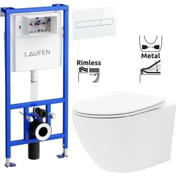 WC sada LAUFEN Rámový podomítkový modul CW1 SET s bílým tlačítkem + WC REA Carlo Flat Mini Rimless + SEDÁTKO H8946600000001BI CF1