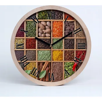 Hodiny Dřevěné nástěnné hodiny koření a bylinky průměr 25 cm