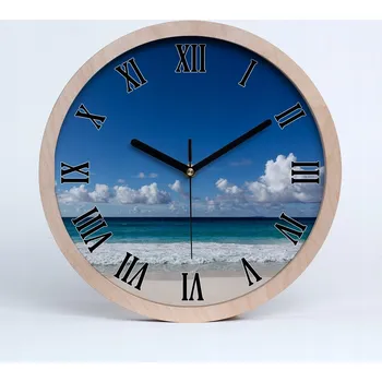 Hodiny Tichá nástěnná dřevěná hodina pláž Seychely průměr 30 cm
