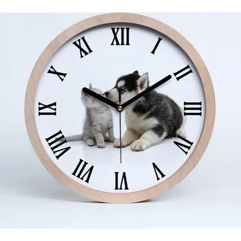 Hodiny Velké dřevěné nástěnné hodiny s motivem psa a kočky, průměr 25 cm