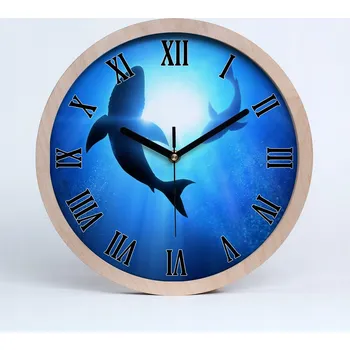 Hodiny Velké dřevěné tiché nástěnné hodiny Dva žraloci pr. 30 cm