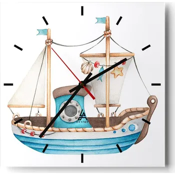 Hodiny Velké nástěnné hodiny 40x40 Loď Skleněné hodiny Čtvercové Tiché