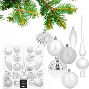 Vánoční dekorace VÁNOČNÍ BAŇKY stříbrná špička na vánoční stromeček ozdoby plastové sada 19 ks