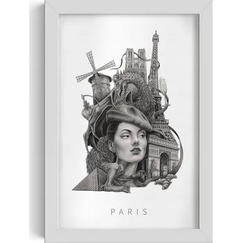 Obraz Obraz nástěnná dekorace Černobílý Paříž Eiffelova věž Moulin Rouge 20x30
