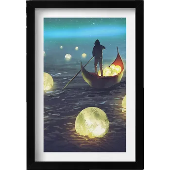 Obraz Závěsný obraz rámeček černé barvy Ilustrace lodiček a měsíců 20x30 cm