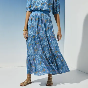 Dámská sukně Dlouhá volánová sukně s potiskem květů modrá 42/44