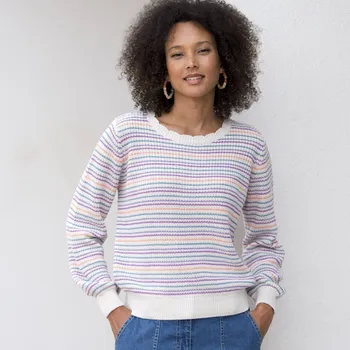 Dámský svetr Pulovr s barevnými proužky a hladkým vzorem režná/vícebarevná 42/44