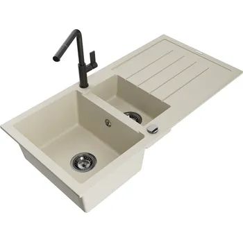 Granitový dřez MEXEN/S - Andres granitový dřez s odkapávačem včetně baterie Flora, béžová 6515-69-670401-70-B
