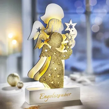 Obraz Dřevěná LED dekorace Andělíčci vánoční ozdoba třpytky 30 cm